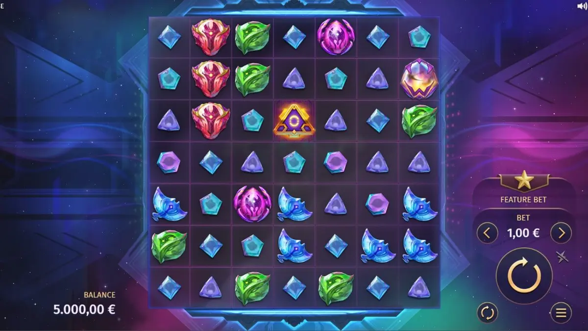 Tampilan grid 7x7 futuristik dalam slot Phantom Pulse dengan efek visual kosmik.