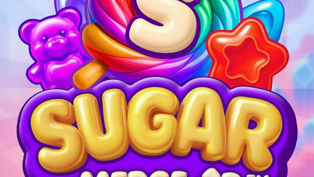 Tampilan visual slot Sugar Merge Up dengan simbol permen warna-warni dan grid 6x6.